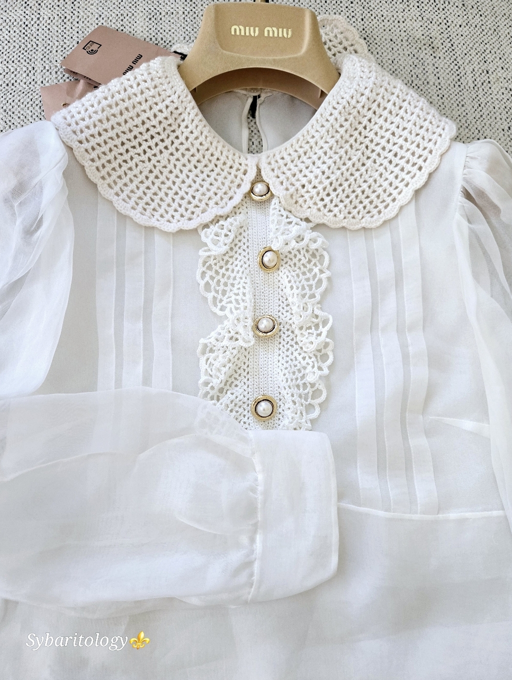 NWT MIU MIU Crochet Collar Long Sleeve White Silk Mini Dress ITALY Size:36/XS